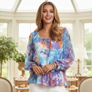 Josephine Studio Beautiful Floral Long-Sleeve Lined Tie Front Blouse Size XLarge